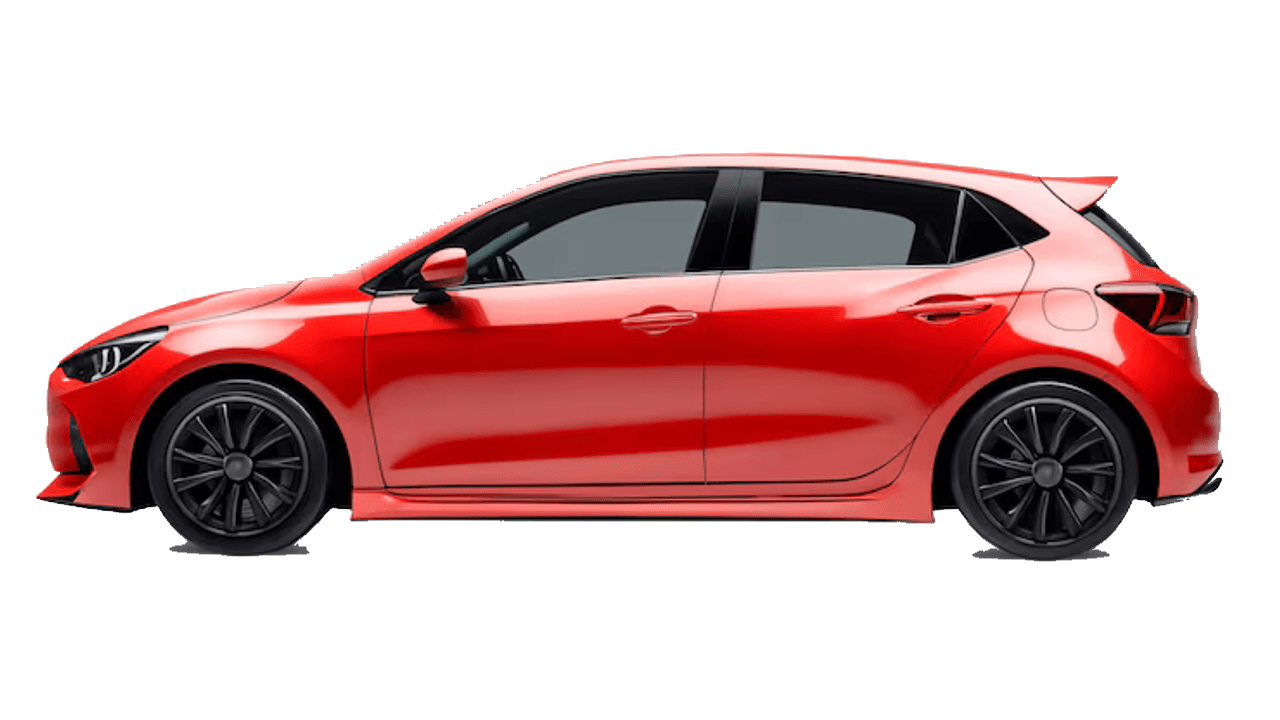 The same red hatchback fully cleaned and polished after detailing